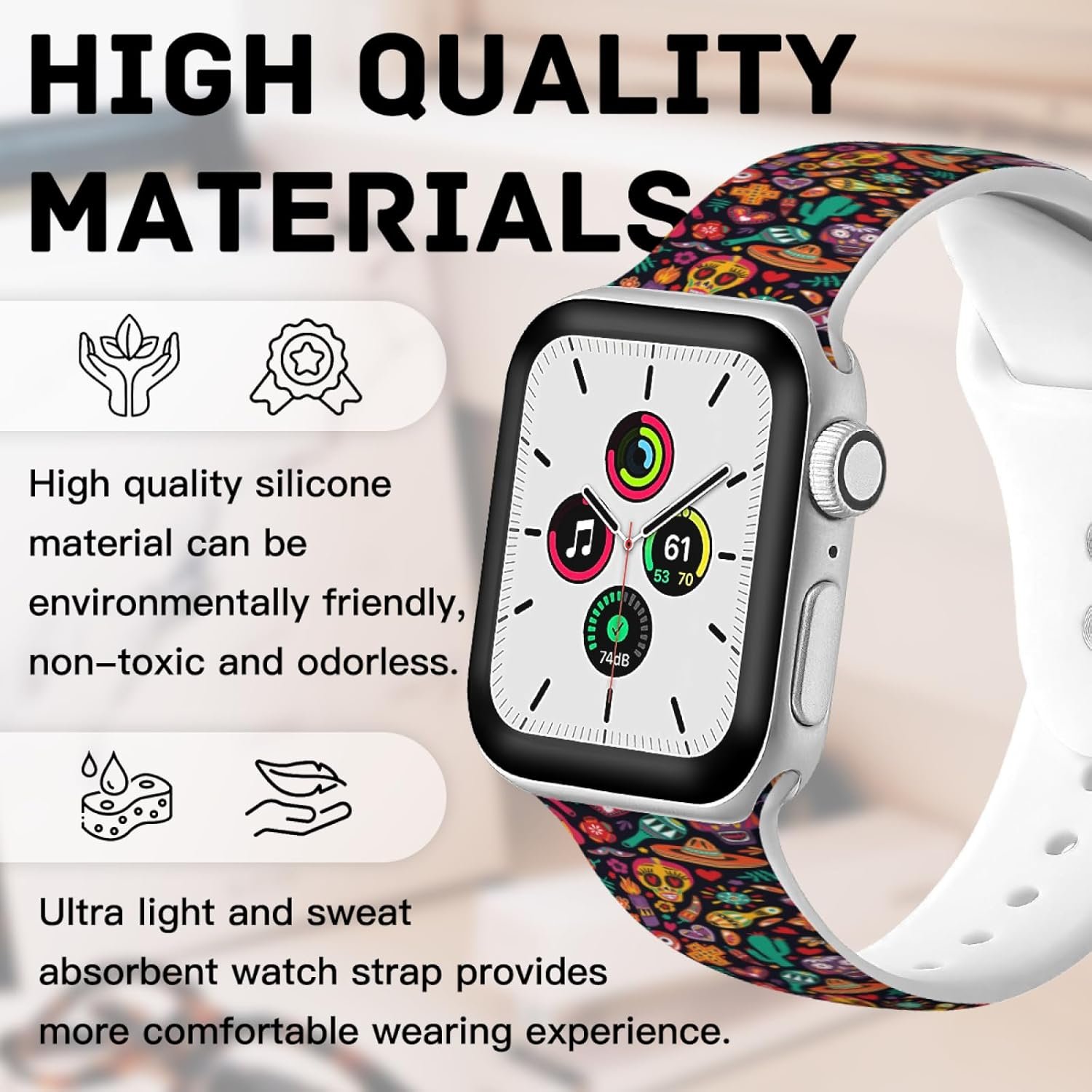 Dia De Los Muertos Day Of The Dead Mexican Watch Bands Compatible with Apple Watch Band 38mm 40mm 41mm 42mm 44mm 45mm 49mm for Women Men, Soft Sport Strap Silicone Replacement Wristband for iWatch - Image 6