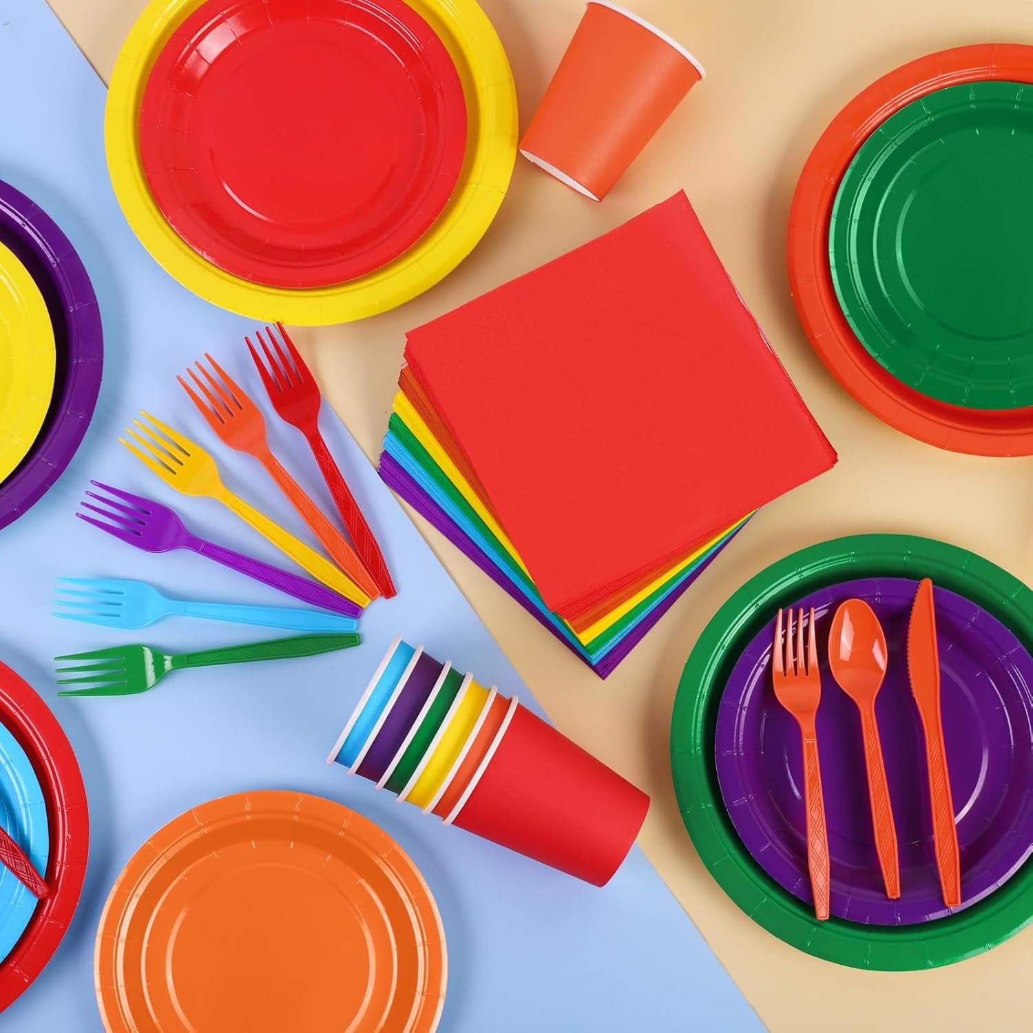 durony 504 Pieces Rainbow Disposable Party Tableware Set Serves 72 Guests 7" & 9" Rainbow Paper Plate 9oz Paper Cups Paper Napkins Plastic Cutlery Rainbow Party Decorations Neon Party Supplies - Image 6