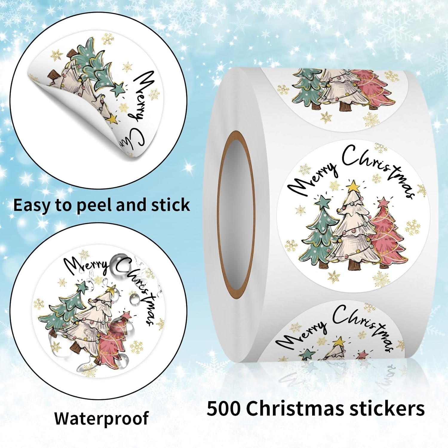 Heyfibro 1.5 Inches Christmas Sticker Roll, 500 Pcs Merry Christmas Stickers for Kids, Winter Holiday Round Labels Stickers for Gift Packing, Cards, Envelopes, Party Supplies(Christmas Tree 3) - Image 3