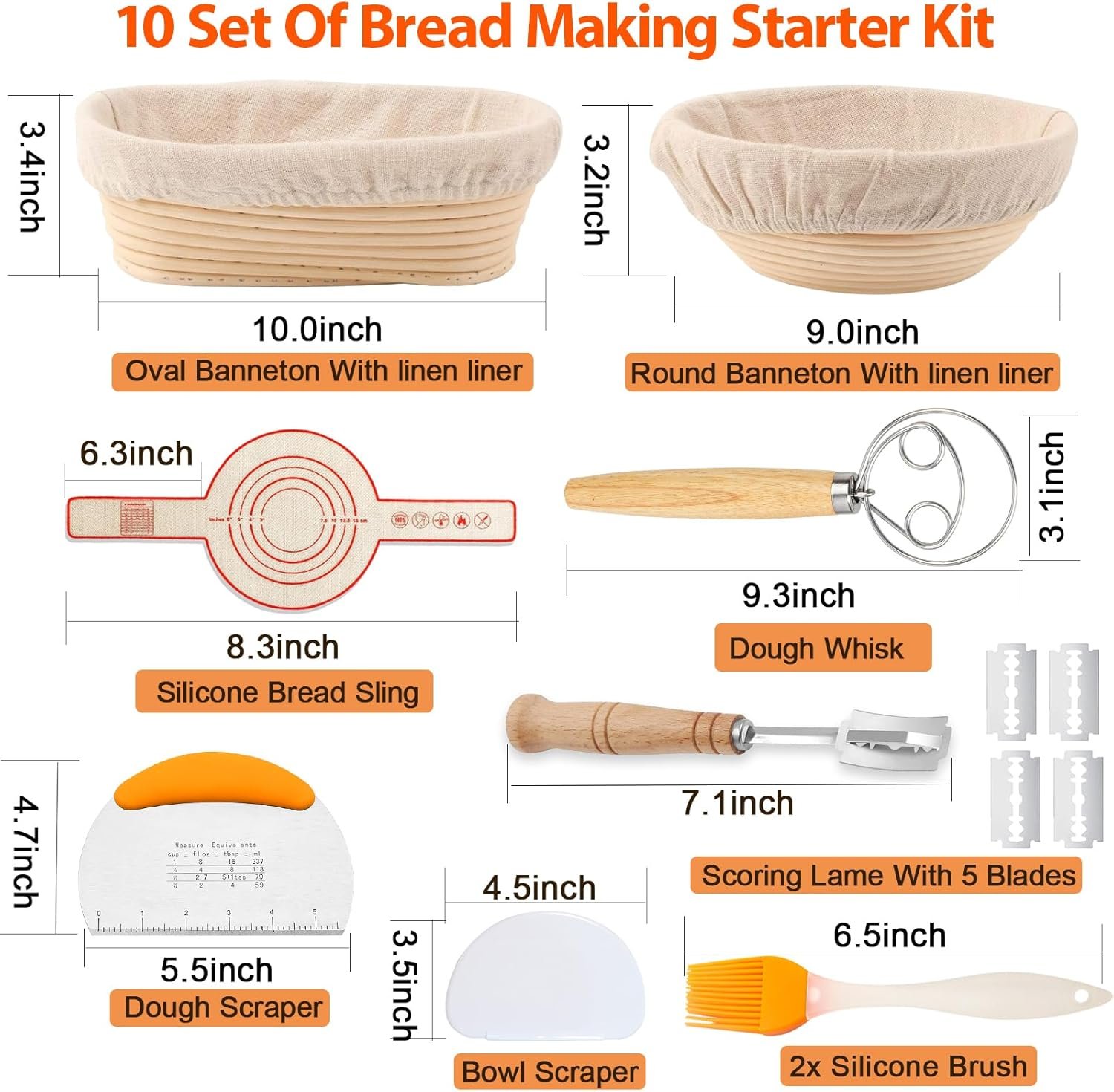 10 Inch Oval & 9Inch Round Banneton Bread Proofing Basket Sets,Sourdough Bread Baking Supplies with Linen Liners,Silicone Bread Sling,Danish Whisk,Scoring Cutter,Dough Scraper - Image 3