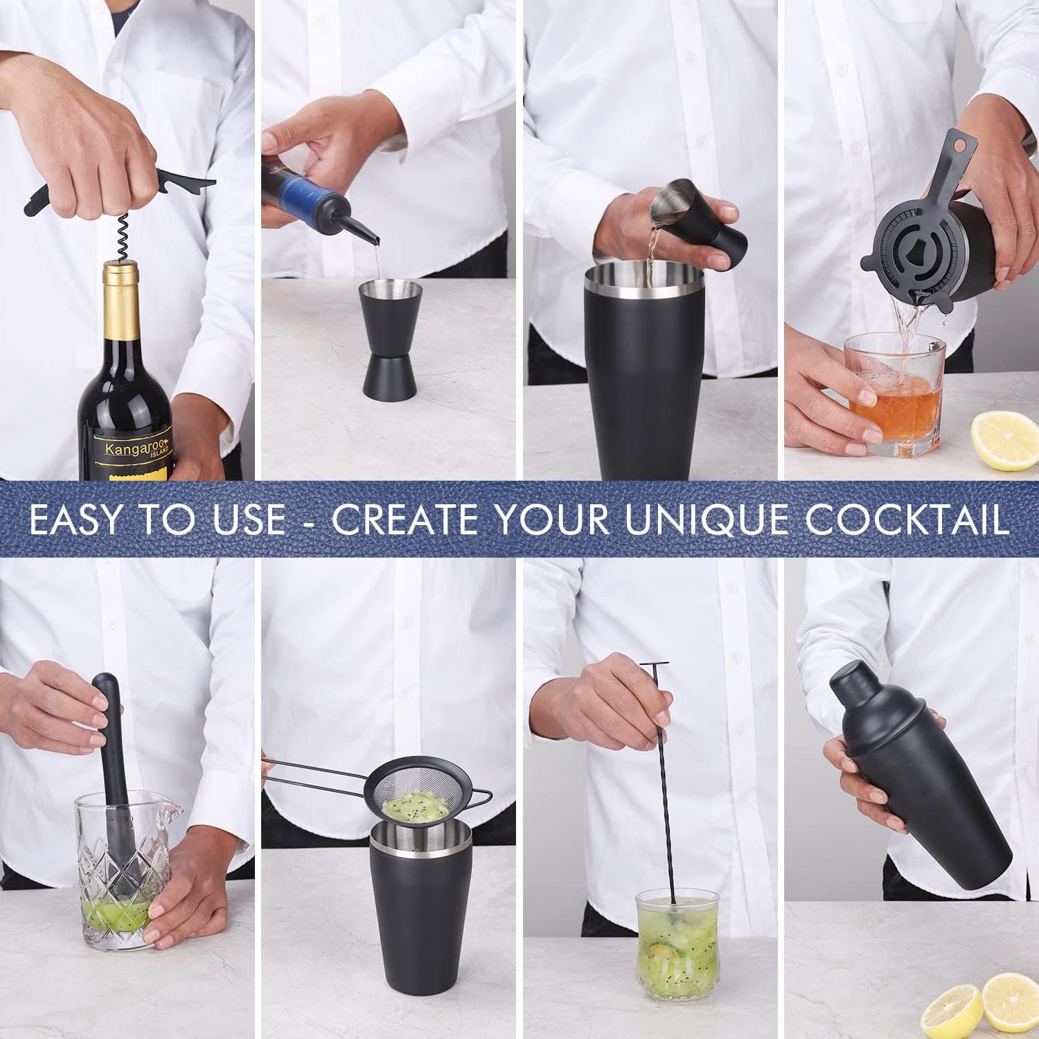 11Pcs-Cocktail Shaker Set Black Bartending Kit 25oz Cocktail Bar Set Cocktail Mix Drink Making Kit Professional Bar and Home Drink Bar Tools for Bartender(Matte Black) - Image 7
