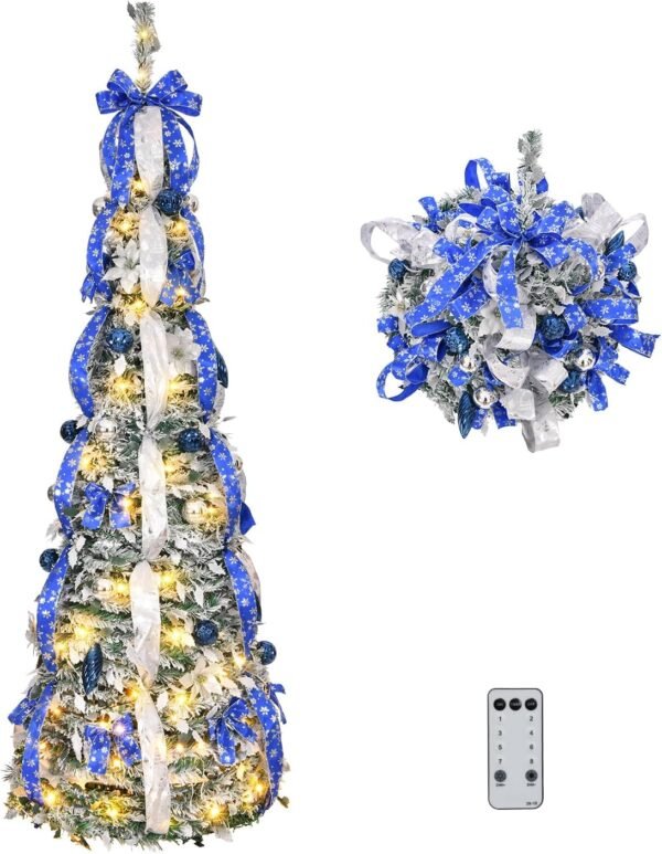 VINGLI 6ft Pre Lit Pop Up Christmas Tree with 150 Lights, Fully Decorated Flocked Pencil Christmas Tree Pre Lit Collapsible Christmas Tree Holiday Party Decorations (Blue&Silver) - Image 2