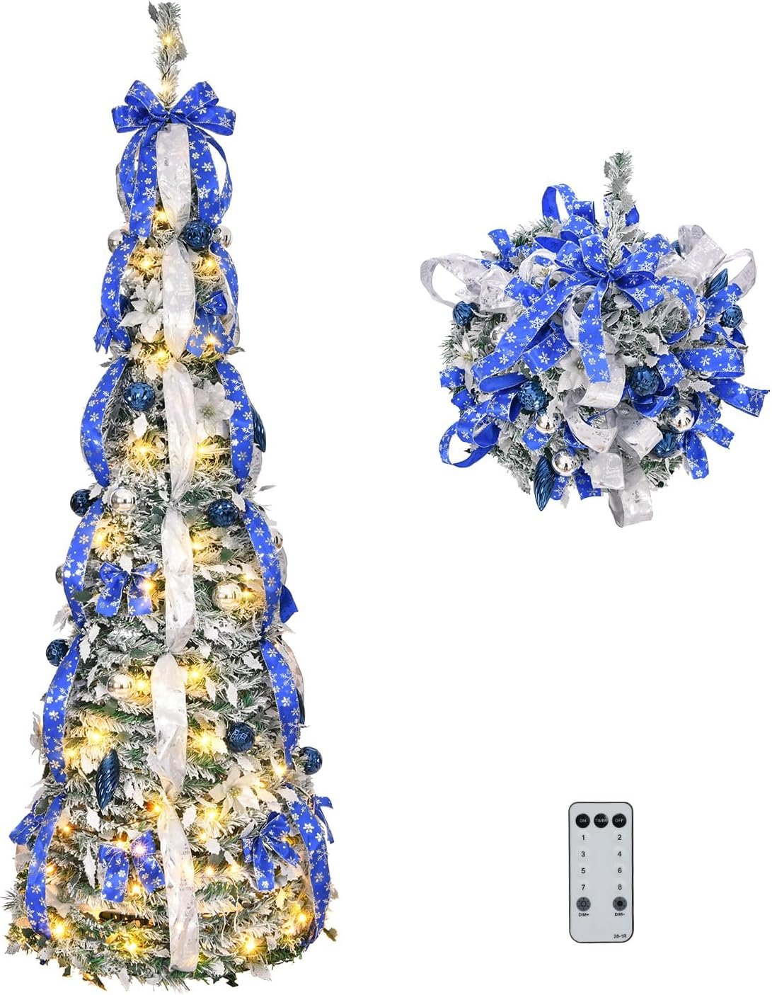 VINGLI 6ft Pre Lit Pop Up Christmas Tree with 150 Lights, Fully Decorated Flocked Pencil Christmas Tree Pre Lit Collapsible Christmas Tree Holiday Party Decorations (Blue&Silver) - Image 2
