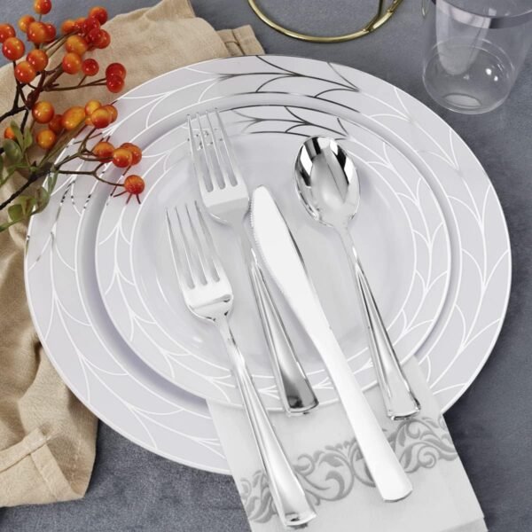 COLOSUS 175pcs Christmas Disposable White silver Plastic Party Plates and Silverware set, Include Dinner Plastes, Dessert Plates, Silverware, Cups, Napkins, Christmas Party plastic plates - Image 5
