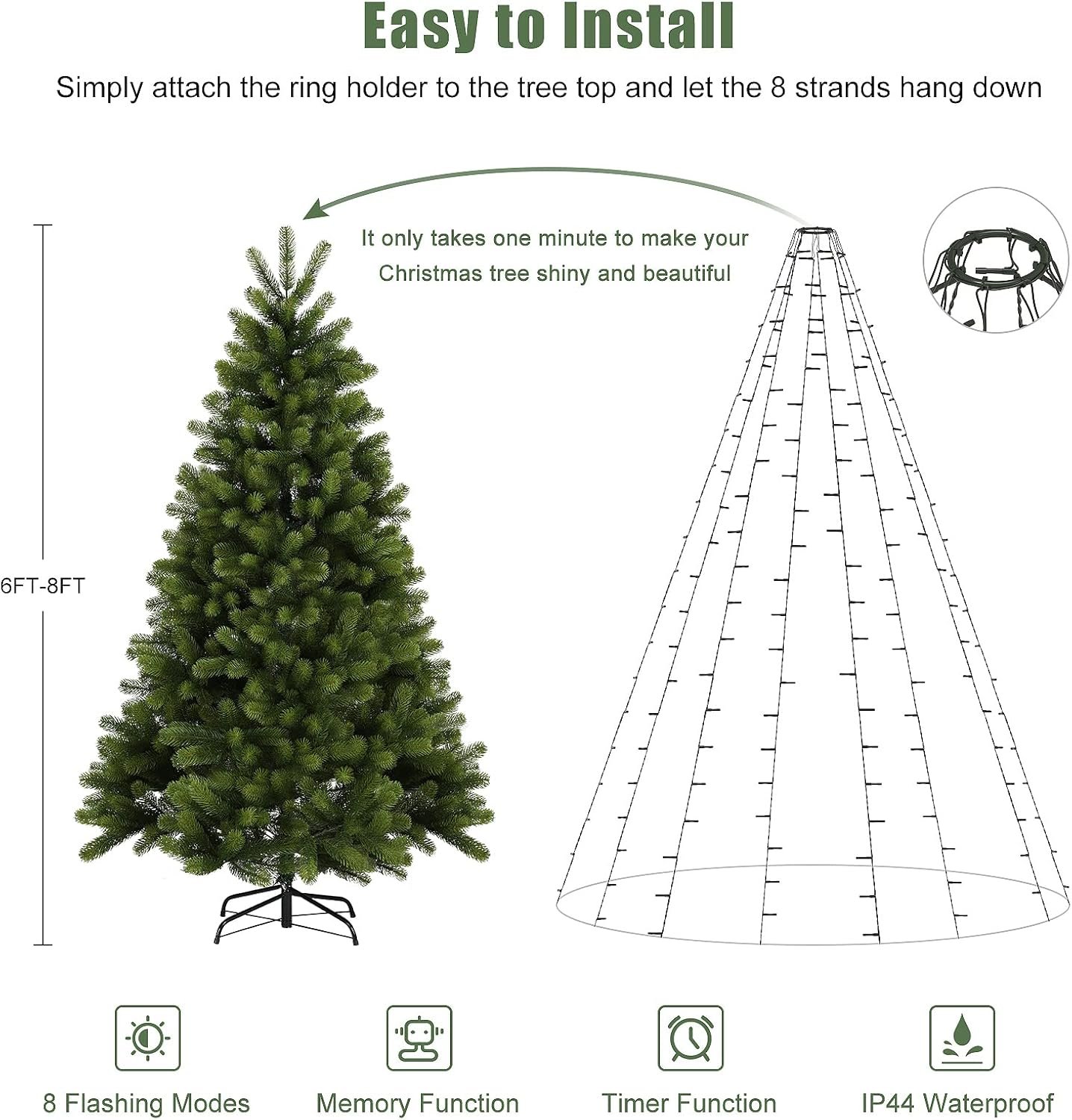 SALCAR Christmas Tree Lights, 6.6FT x 8 Strands Easy to Install Christmas Lights with 8 Modes Memory Timer Function, 280 LEDs UL Certified Ultra-Bright Fairy Lights for 6ft - 8ft Tree, Warm White - Image 4