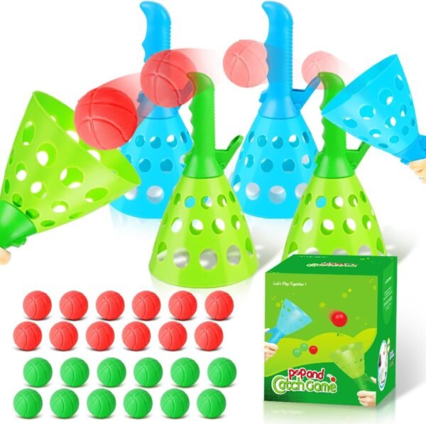 Duckura Outdoor Indoor Game Activities for Kids, Pop-Pass-Catch Ball Game with 4 Catch Launcher Baskets and 24 Balls, Christmas Party Favors Beach Sport Toys for Kids Age 5 6 7 8 9+ - Image 2