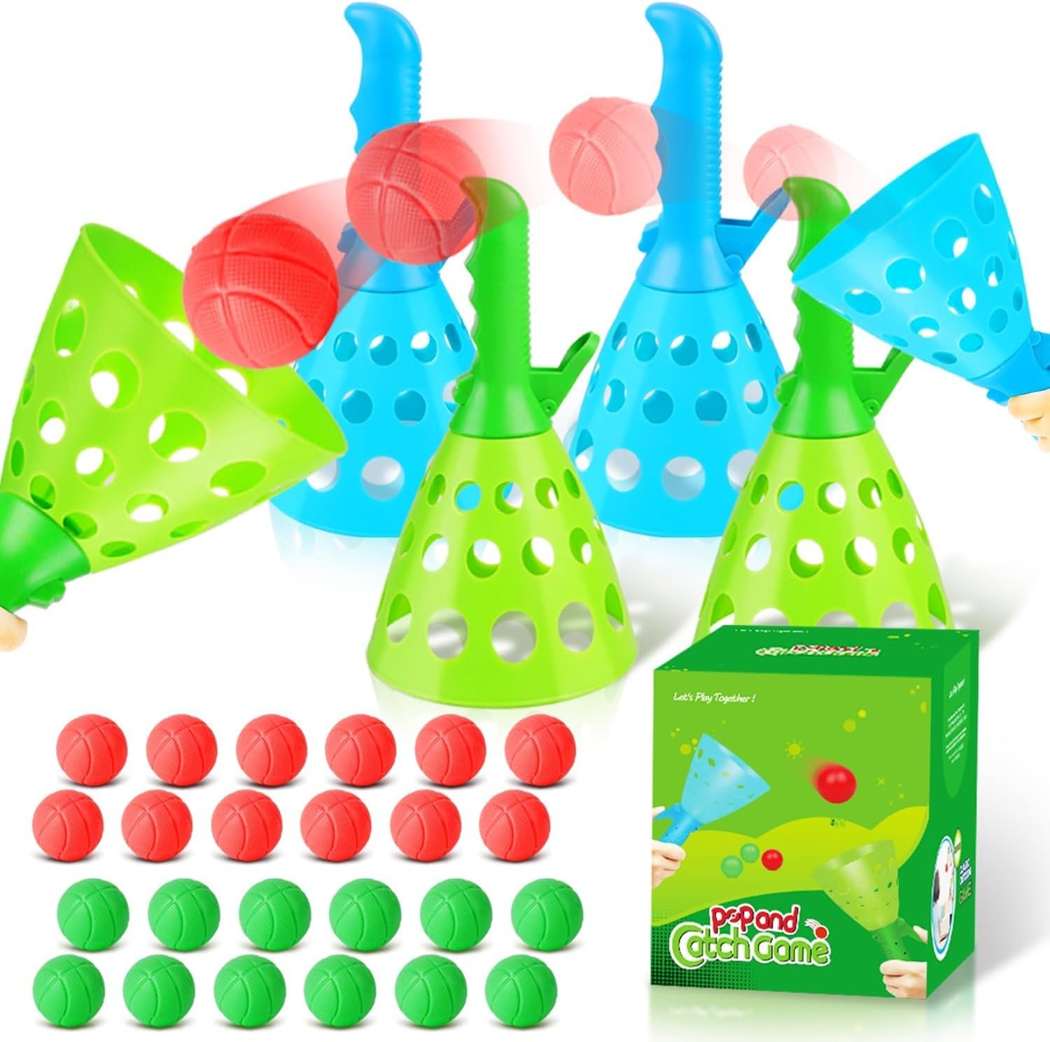 Duckura Outdoor Indoor Game Activities for Kids, Pop-Pass-Catch Ball Game with 4 Catch Launcher Baskets and 24 Balls, Christmas Party Favors Beach Sport Toys for Kids Age 5 6 7 8 9+ - Image 2