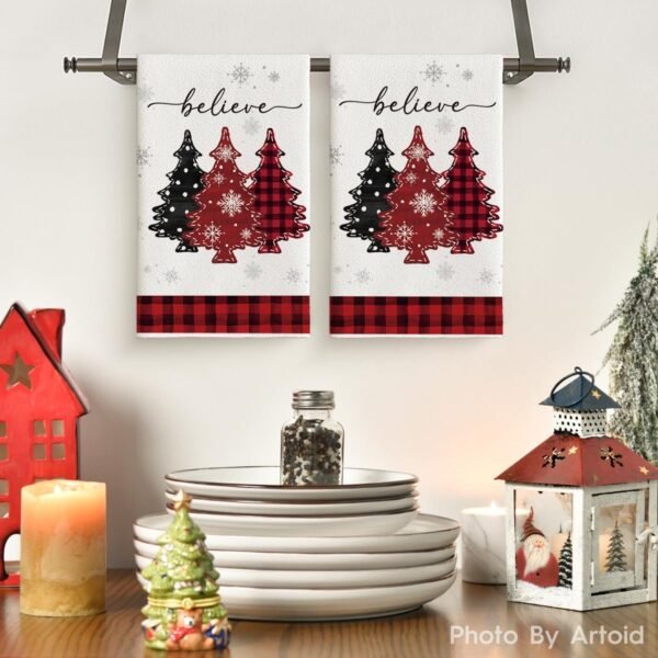 Artoid Mode Red Pine Trees Merry Christmas Kitchen Towels Dish Towels, 18x26 Inch Holiday Believe Xmas Winter Decoration Hand Towels Set of 2 - Image 3