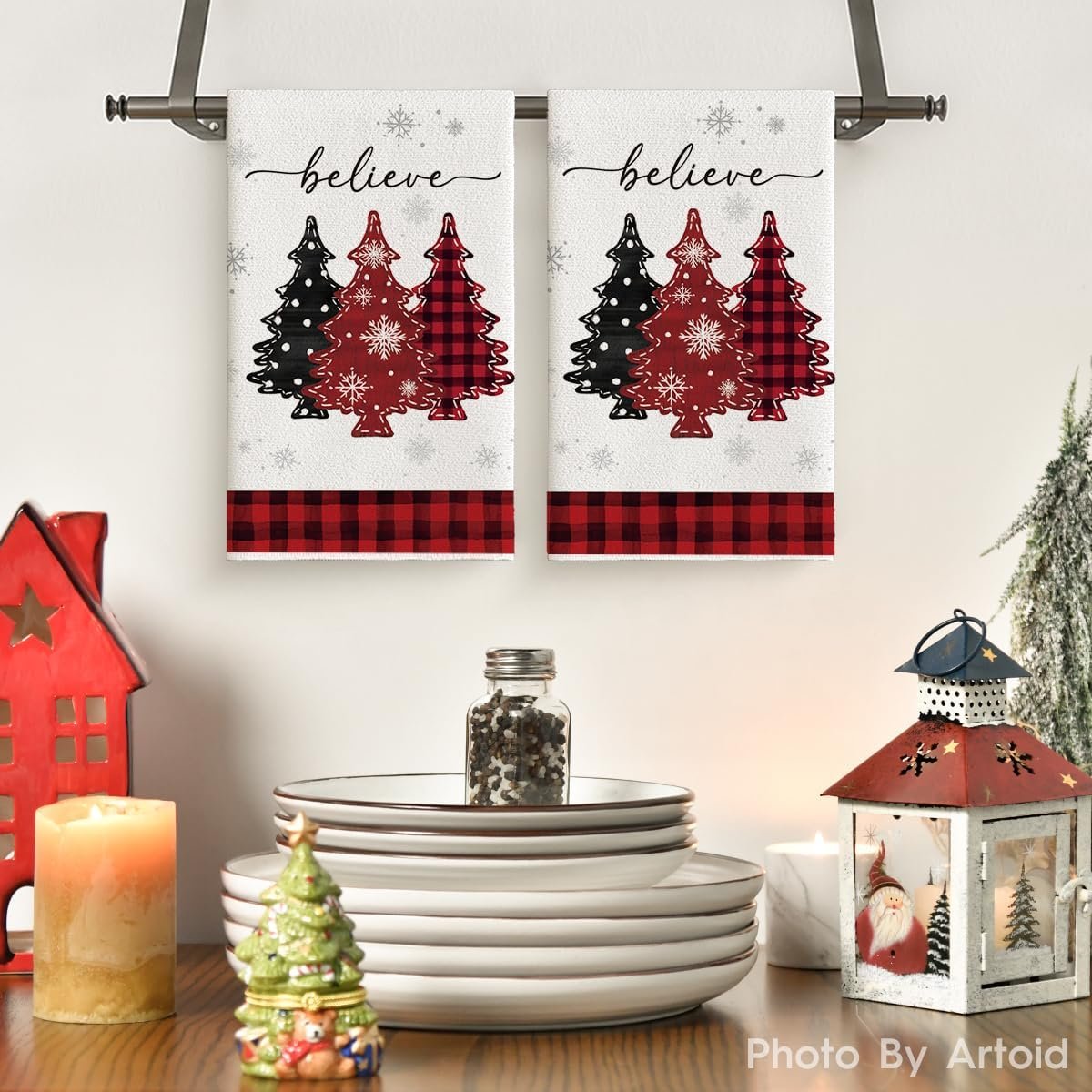 Artoid Mode Red Pine Trees Merry Christmas Kitchen Towels Dish Towels, 18x26 Inch Holiday Believe Xmas Winter Decoration Hand Towels Set of 2 - Image 3