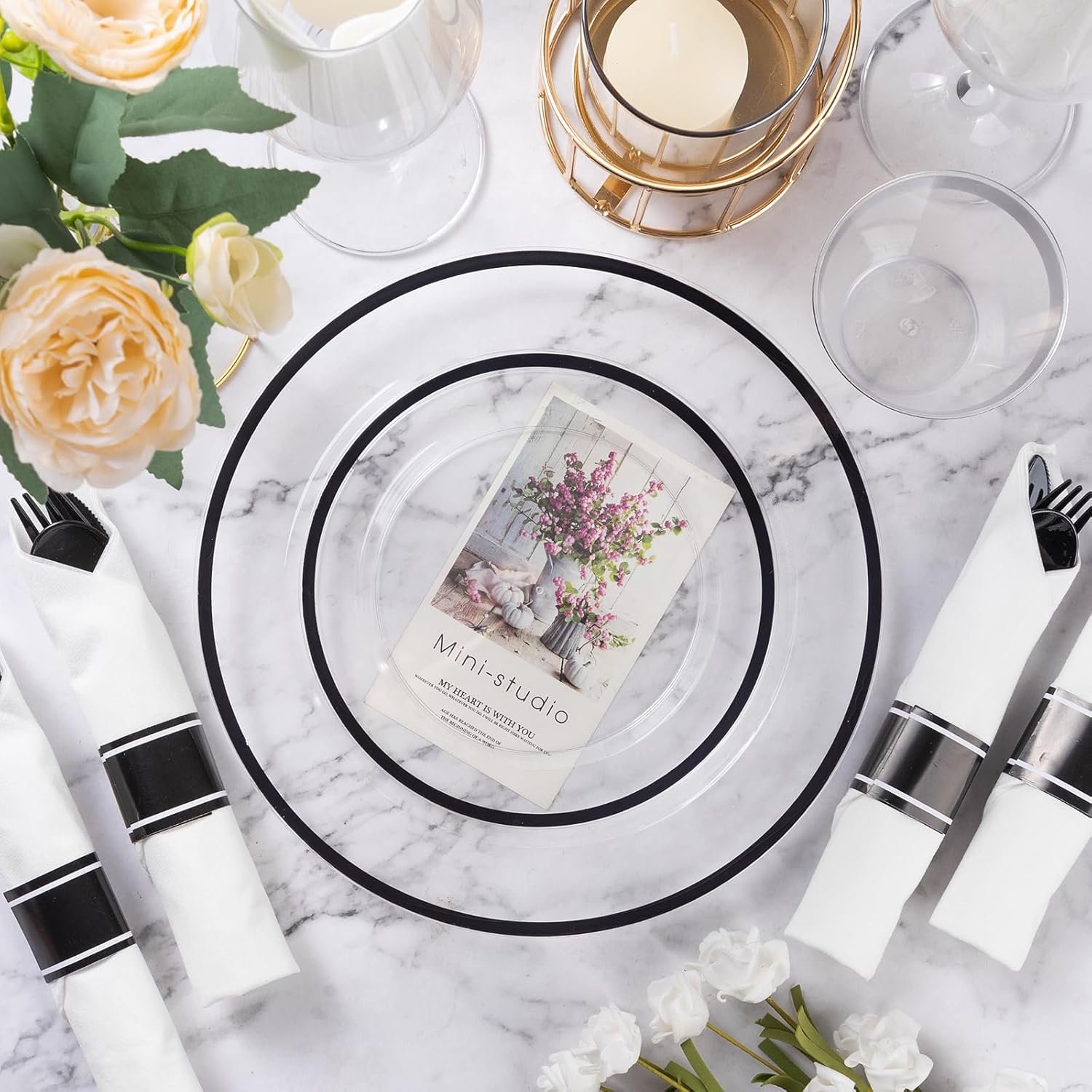 Goodluck 175 Piece Black Plastic Dinnerware Set for Party, Clear Disposable Plates for 25 Guests, Include: 25 Dinner Plastic Plates, 25 Dessert Plates, 25 Pre Rolled Napkins with Cutlery Set, 25 Cups - Image 4