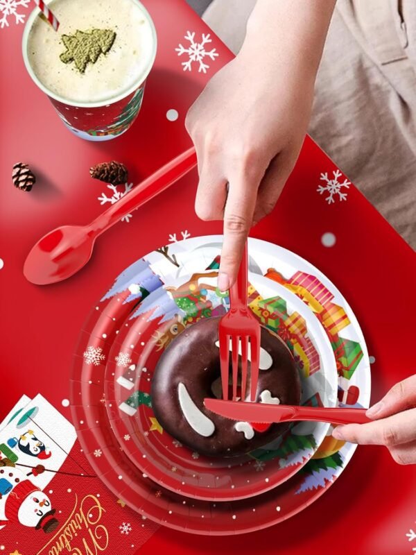 196 Pcs Christmas Party Decorations Supplies Christmas Dinnerware Sets for 24 Guests - Party Disposable Tableware Set - Plates, Napkins,Cups,Cutlery,Forks and Tablecloth for Xmas Party Decorations - Image 7