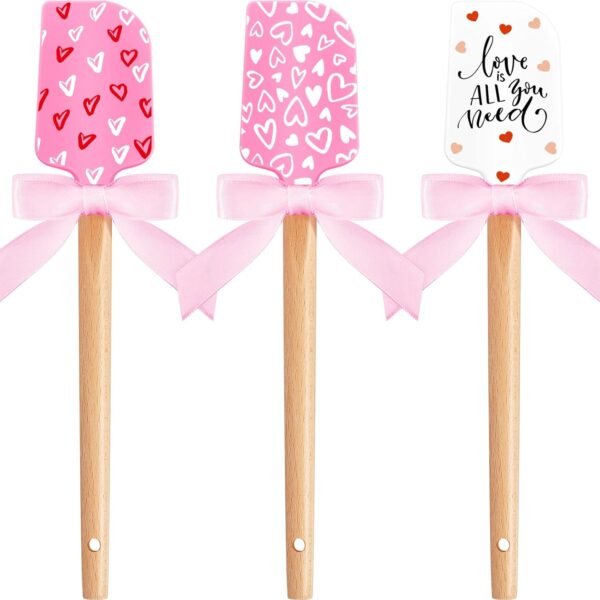 3 Pcs Valentine's Day Silicone Spatulas with Wooden Handles Valentine Pattern Heat Resistant Baking Spatulas Silicone Spatulas with Pink Satin Ribbon Bows for Baking, Cooking and Sauteing - Image 2