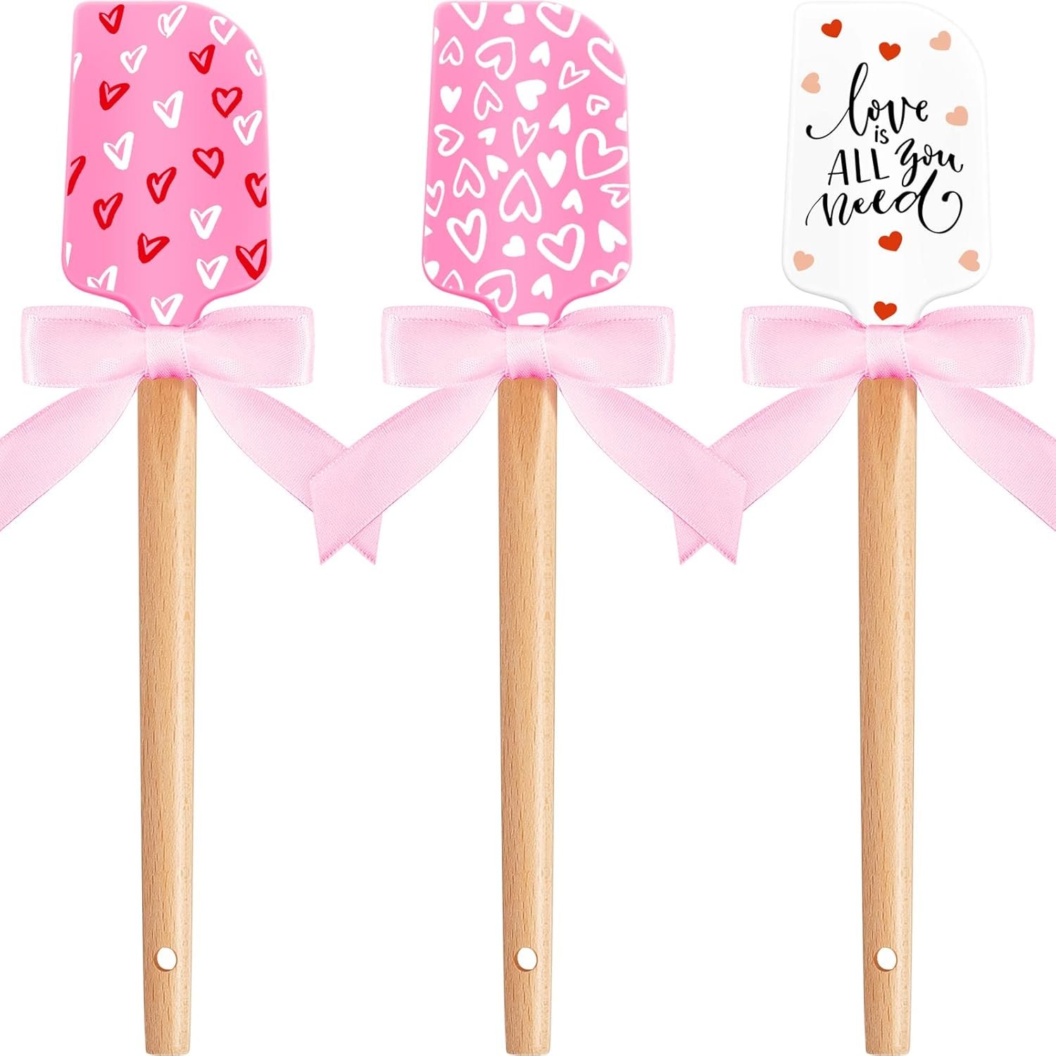3 Pcs Valentine's Day Silicone Spatulas with Wooden Handles Valentine Pattern Heat Resistant Baking Spatulas Silicone Spatulas with Pink Satin Ribbon Bows for Baking, Cooking and Sauteing - Image 2