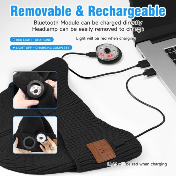 Bluetooth Beanie with Light,Unisex USB Rechargeable LED Headlamp Hat,Built-in Wireless Headphones & Stereo Speakers,Gifts for Men Women - Image 8