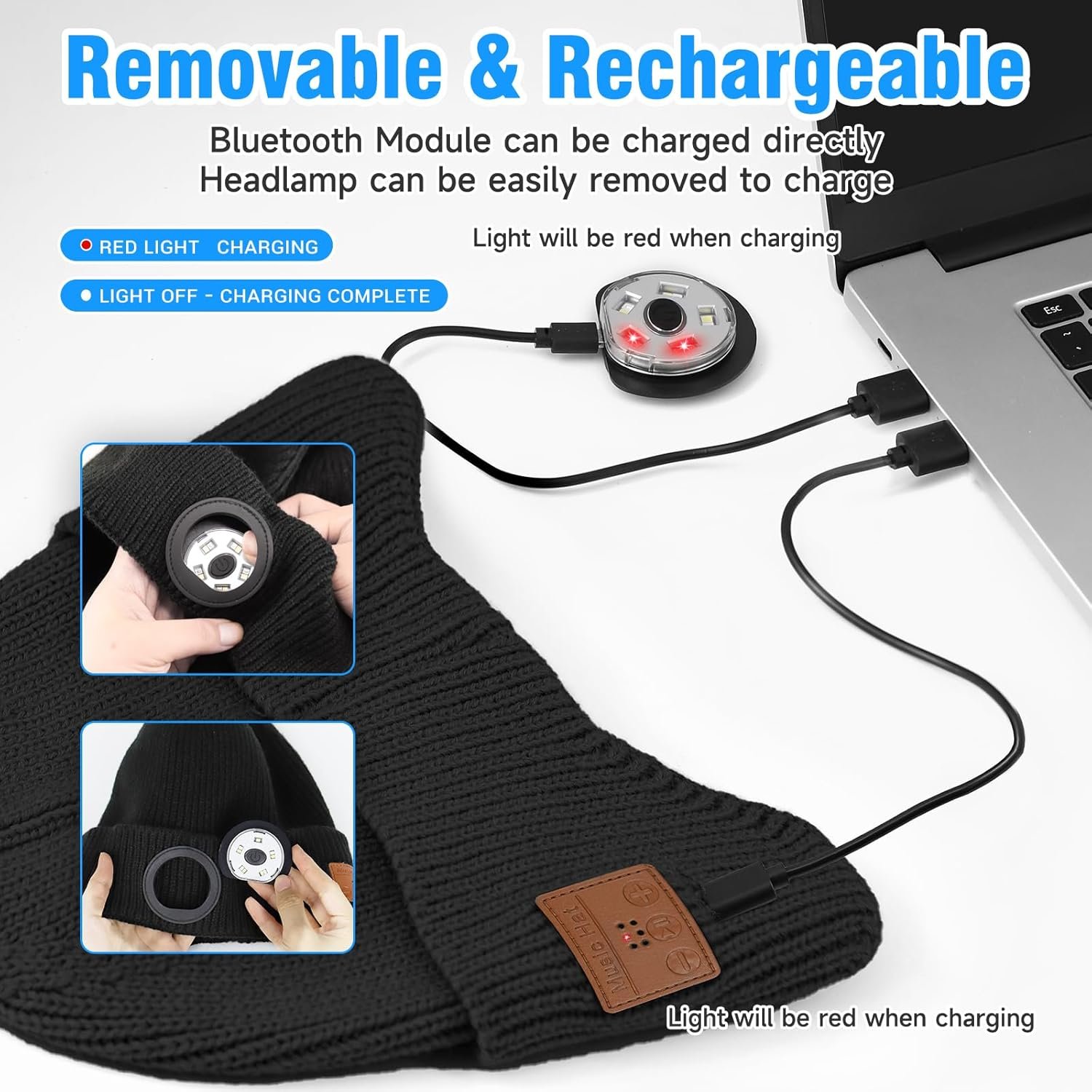 Bluetooth Beanie with Light,Unisex USB Rechargeable LED Headlamp Hat,Built-in Wireless Headphones & Stereo Speakers,Gifts for Men Women - Image 8