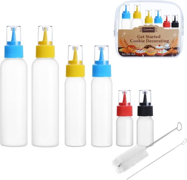 GOLOHO Cookie Icing Bottles, 6 Squeeze Applicator Bottles, 2 each (1, 2 and 4 ounces), Royal Icing Tools, Cake Sugar Cookie Decorating Supplies, Food Coloring, Frosting, Pancake Arts and Crafts Kit - Image 2