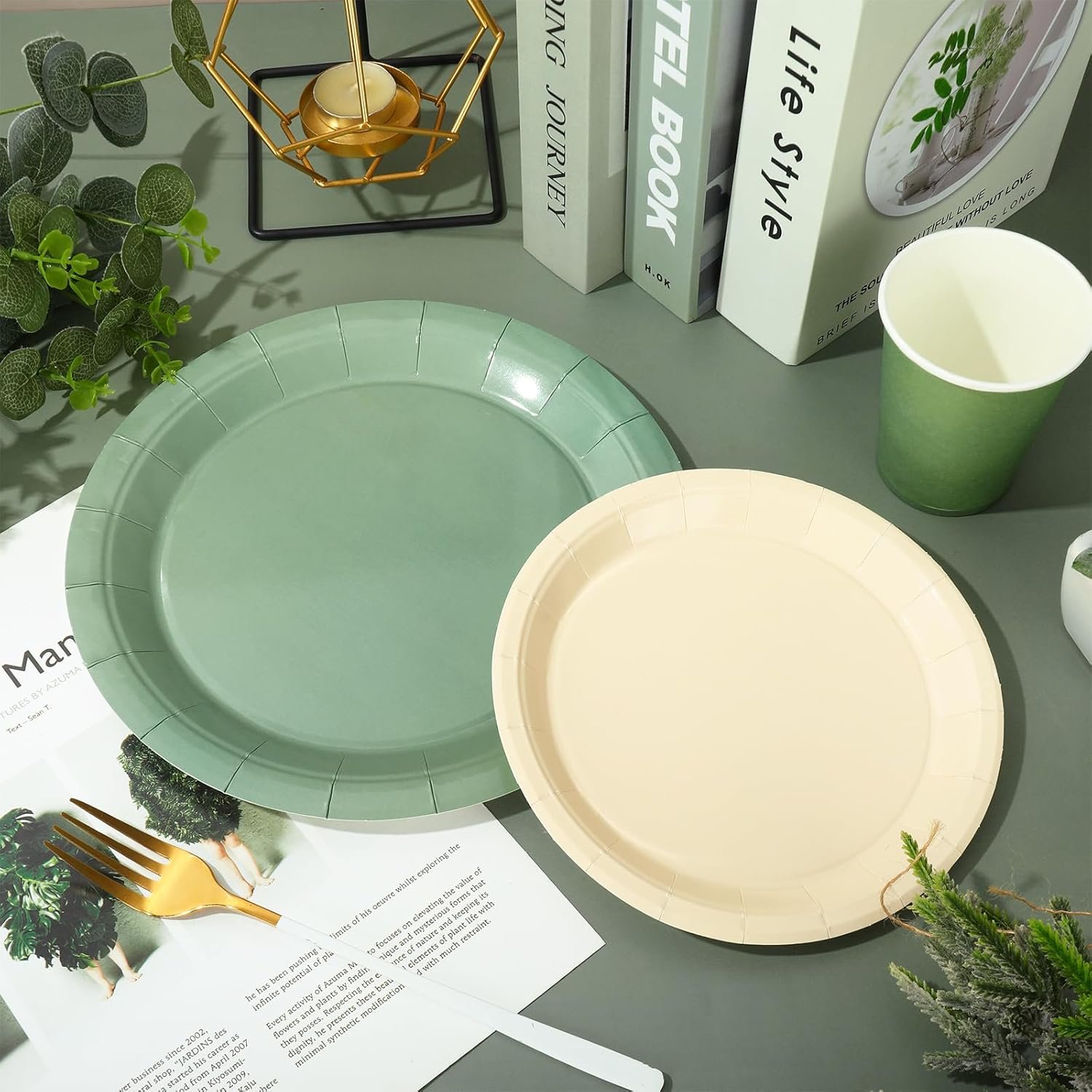 Whaline 100Pcs Ivory Sage Green Tableware Set Wedding Disposable Dinnerware 50Pcs Paper Plates 25Pcs Napkin 25Pcs Cups For Birthday Party Supplies Table Decor - Image 4