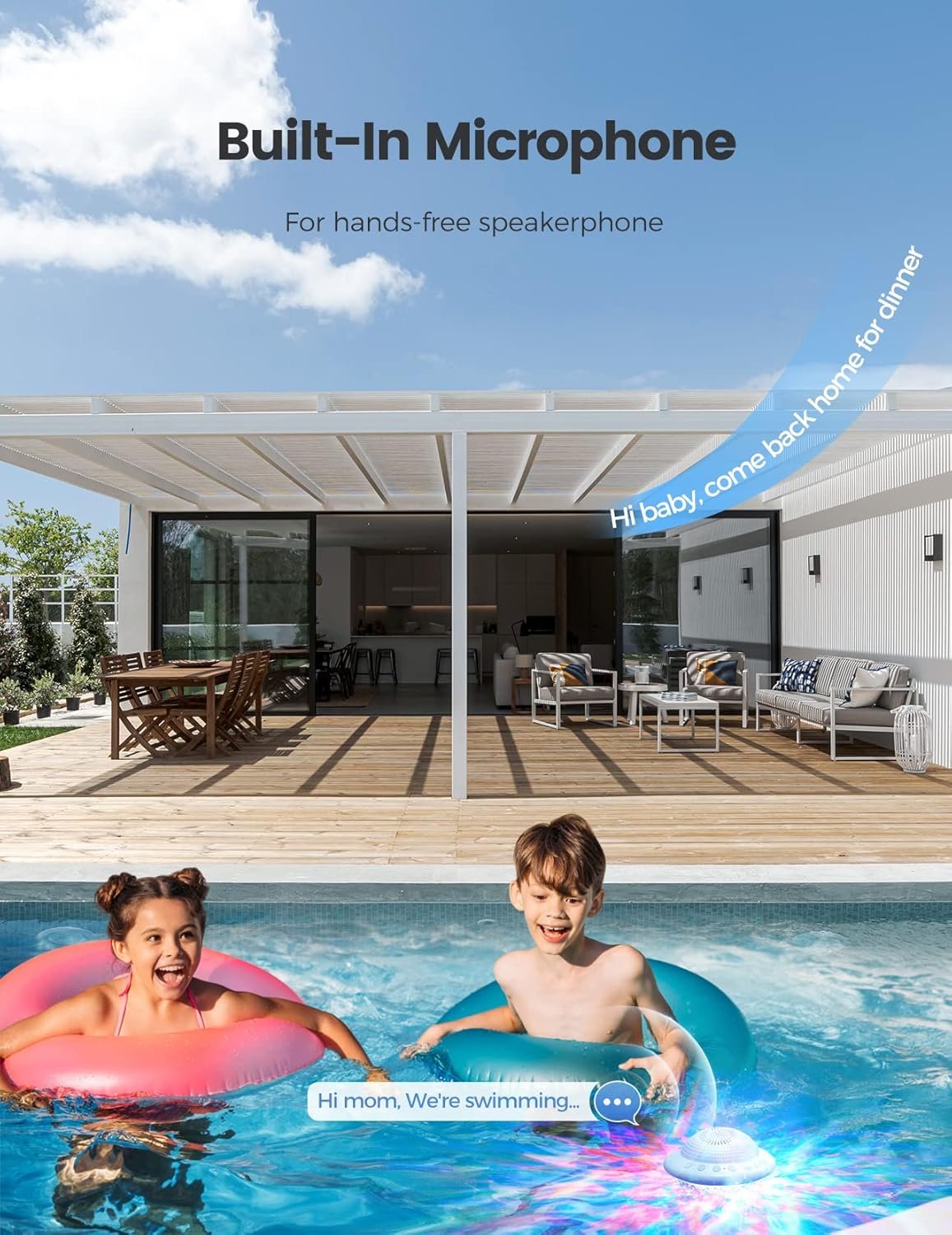 Floating Pool Speakers with Colorful LED Lights, IPX7 Waterproof Hot Tub Bluetooth Speaker, 10W Stereo Loud Sound, Built-in Mic, Portable Wireless Speakers for Shower Bathtub Beach Outdoor Swim-White - Image 6