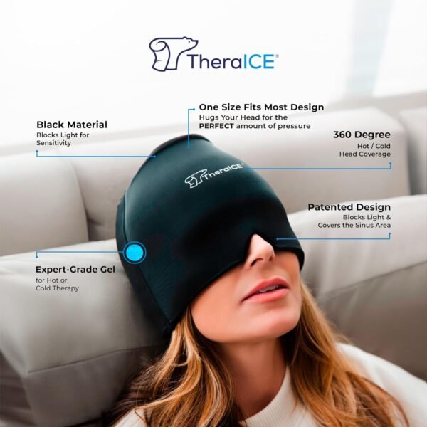 TheraICE Migraine Relief Cap, Soothing Headache Hat Ice Pack Mask, Face Cold Compress Cooling Gel Head Wrap Products for Tension, Stress & Hangover - Image 4
