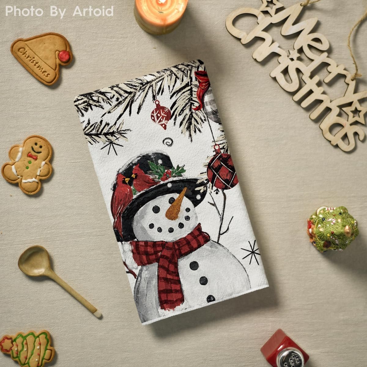 Artoid Mode Xmas Tree Snowman Christmas Kitchen Towels Dish Towels, 18x26 Inch Holiday Holly Bird Winter Decoration Hand Towels Set of 2 - Image 5