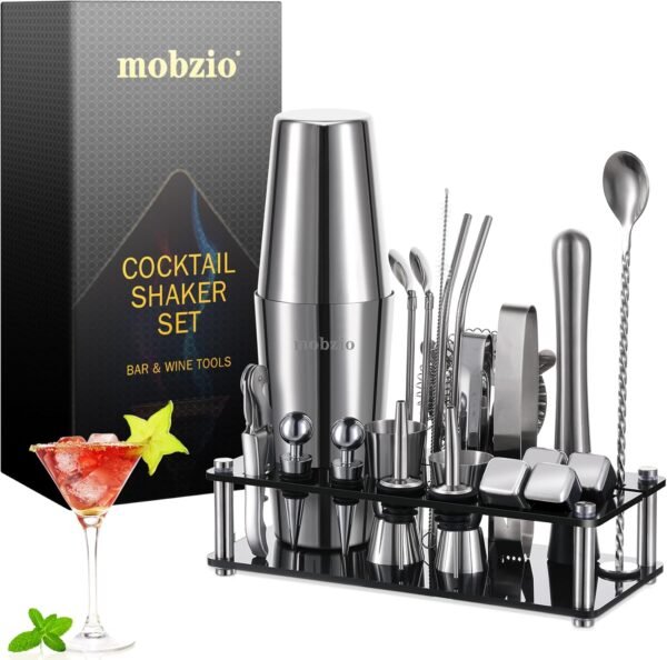 Cocktail Shaker Set Bartender Kit, 23 PCS Boston Shaker Tool Set with Stand, Drink Mixer Martini Shaker Bartending Kit, Bar Tools Bartender Tool Kit, mobzio Bar Accessories for The Home Bar Set - Image 2