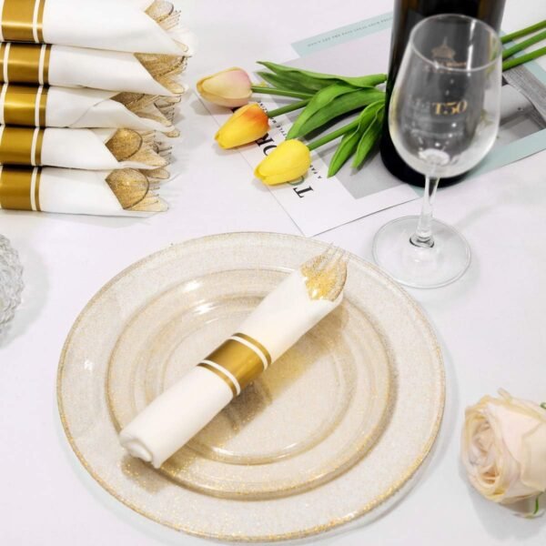 DaYammi 350 Pieces Gold Glitter Dinnerware Set 50 Guest for party- 50 Dinner Plates, 50 Dessert Plates -50 Per Rolled Napkins with Gold Cutlery - 50 Disposable Cups 9 OZ - Image 4