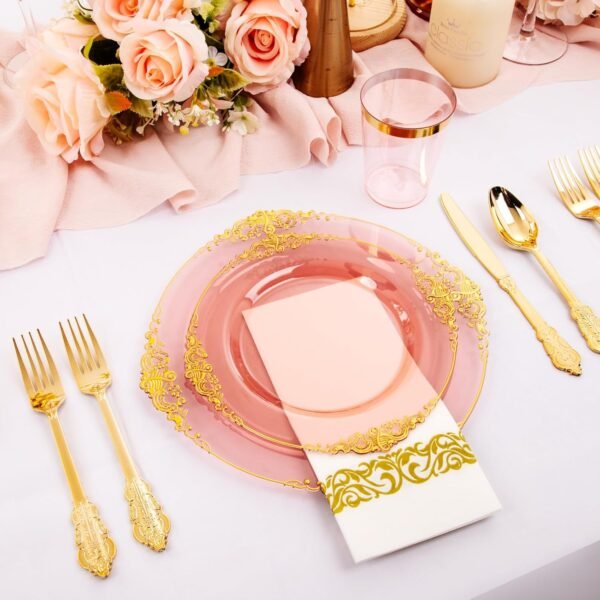 Hioasis 175pcs Clear Burgundy Plastic Plates,Burgundy Red Disposable Plates include 25 Dinner Plates 25 Dessert Plates 25Knives 25Forks 25Spoons 25Cups 25Napkins Perfect for Wedding&Parties - Image 5