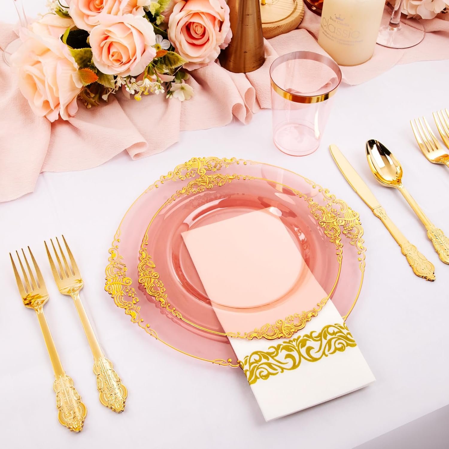 Hioasis 175pcs Clear Burgundy Plastic Plates,Burgundy Red Disposable Plates include 25 Dinner Plates 25 Dessert Plates 25Knives 25Forks 25Spoons 25Cups 25Napkins Perfect for Wedding&Parties - Image 5