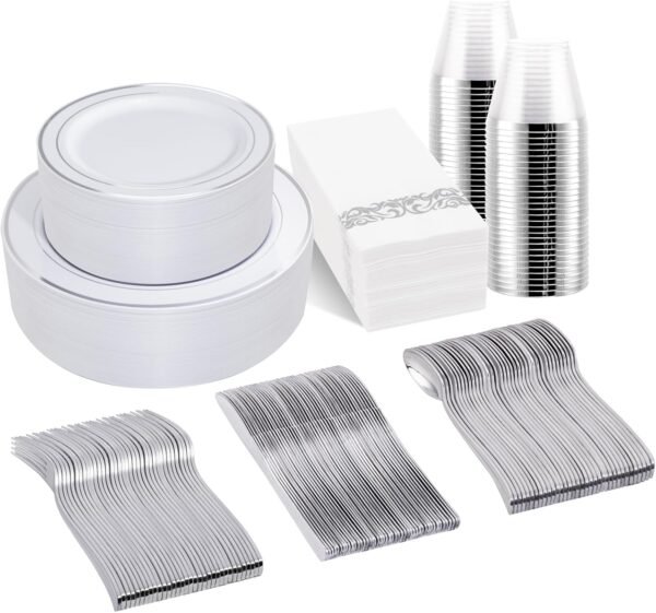 bUCLA 350PCS Silver Plastic Dinnerware Set for 50 Guests - Silver Plastic Plates Disposable for Party Include 50 Dinner Plates,50 Dessert Plates,50 Forks,50 Knives,50 Spoons,50Cups,50 Napkins - Image 2