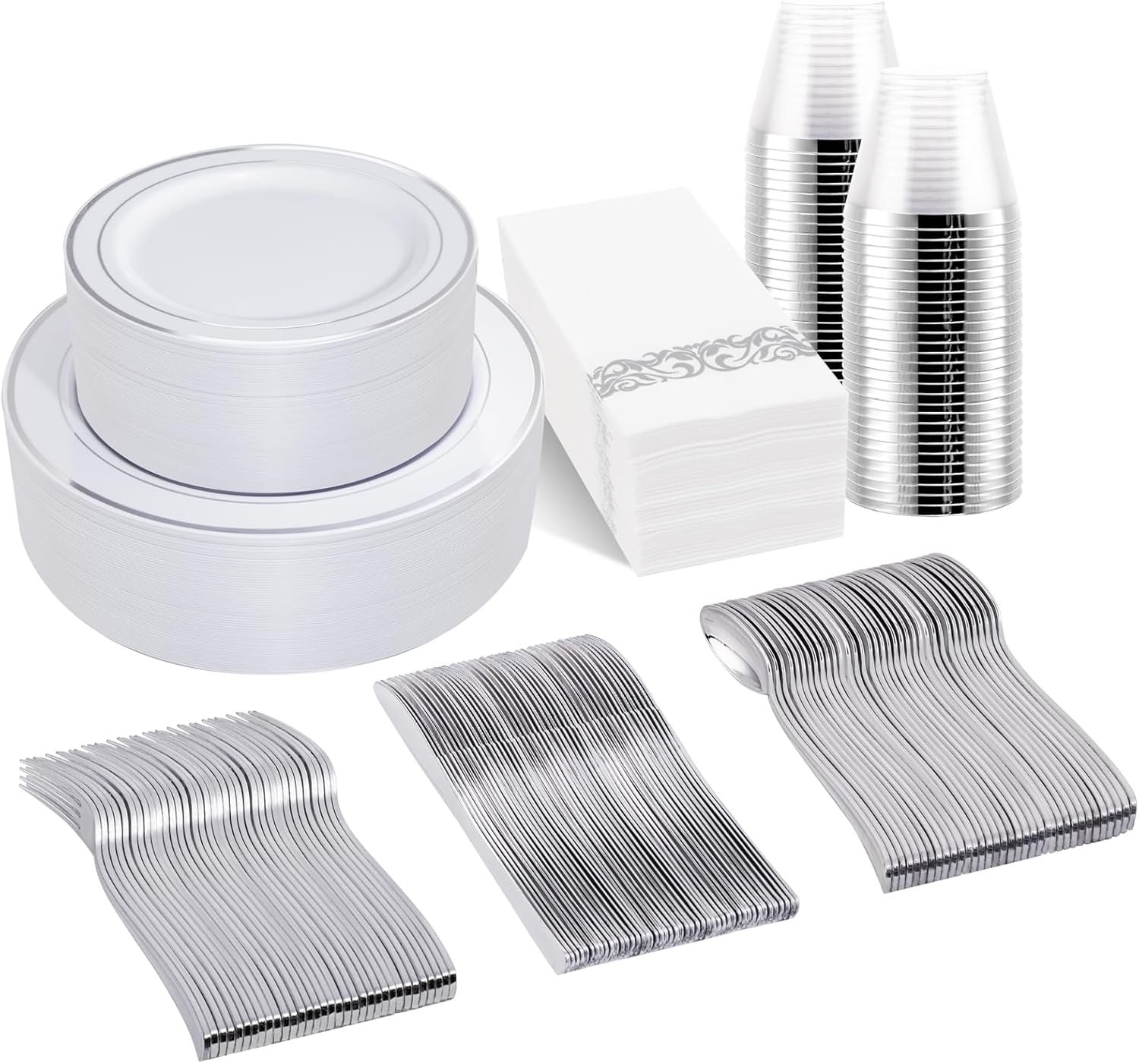 bUCLA 350PCS Silver Plastic Dinnerware Set for 50 Guests - Silver Plastic Plates Disposable for Party Include 50 Dinner Plates,50 Dessert Plates,50 Forks,50 Knives,50 Spoons,50Cups,50 Napkins - Image 2