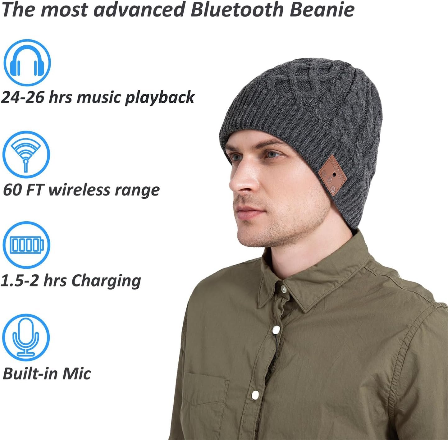 Bluetooth Beanie,Bluetooth V5.2, 24 Hour Play time, Built-in Microphone and HD Stereo Speakers, Wool Lined for Outdoor Homes and Gifts - Neutral(Charcoal) - Image 3