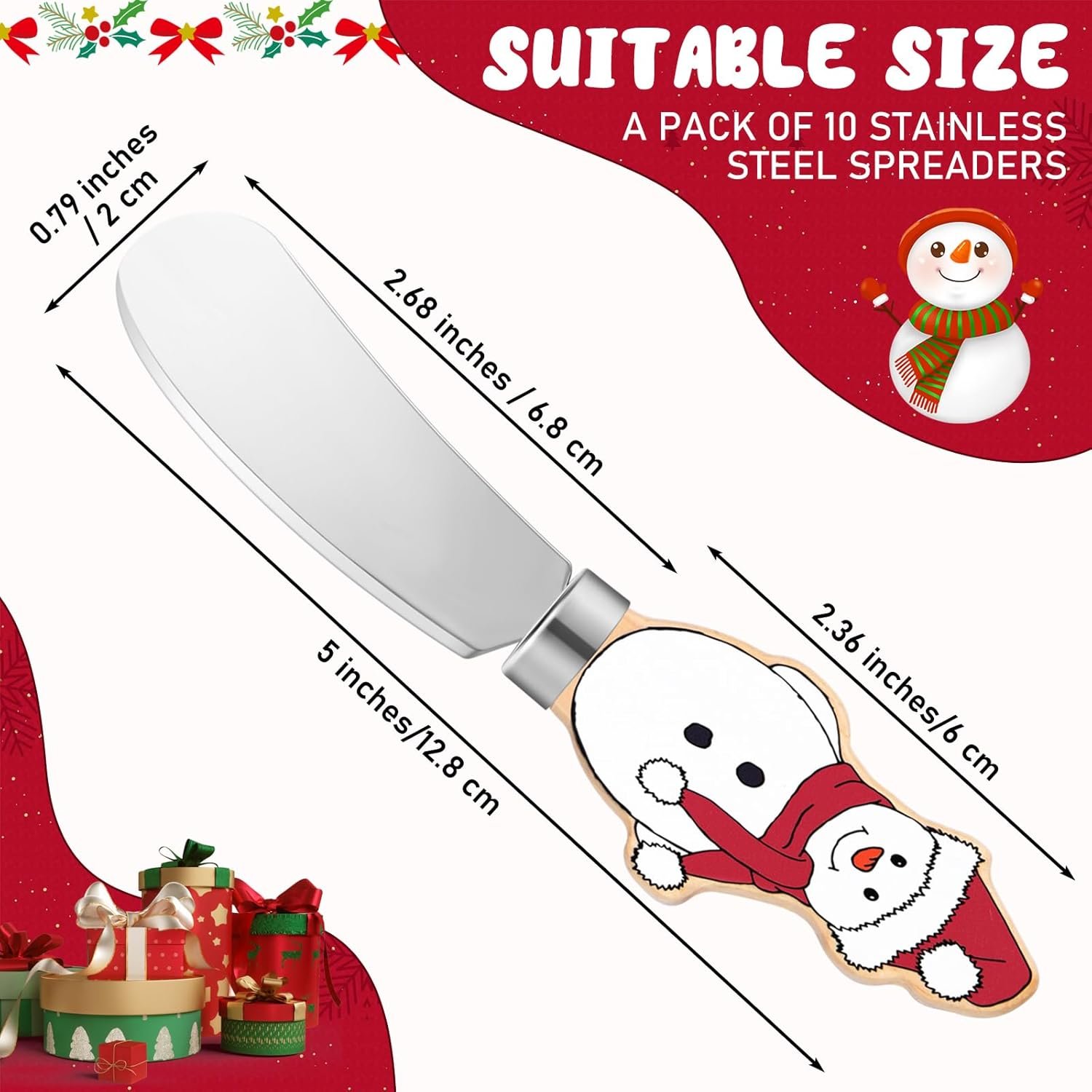 Sieral 10 Pcs Christmas Cheese and Butter Spreader Knives Cheese Spreader Butter Spreader Knives Multipurpose Christmas Decor with Hand Painted Wooden Handle Stainless Steel Blade (Snowman) - Image 3