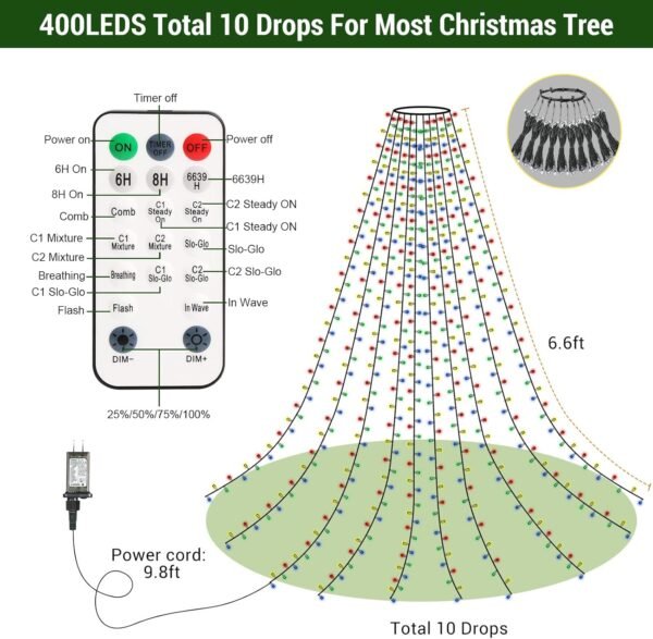 Marchpower Christmas Tree Lights Color Changing, 11 Modes Christmas Light Outdoor with Remote Control, 400 Diamond LED 6.6FTx10 Waterproof Xmas Tree Lights with Timer & Memory Function for Indoor - Image 10