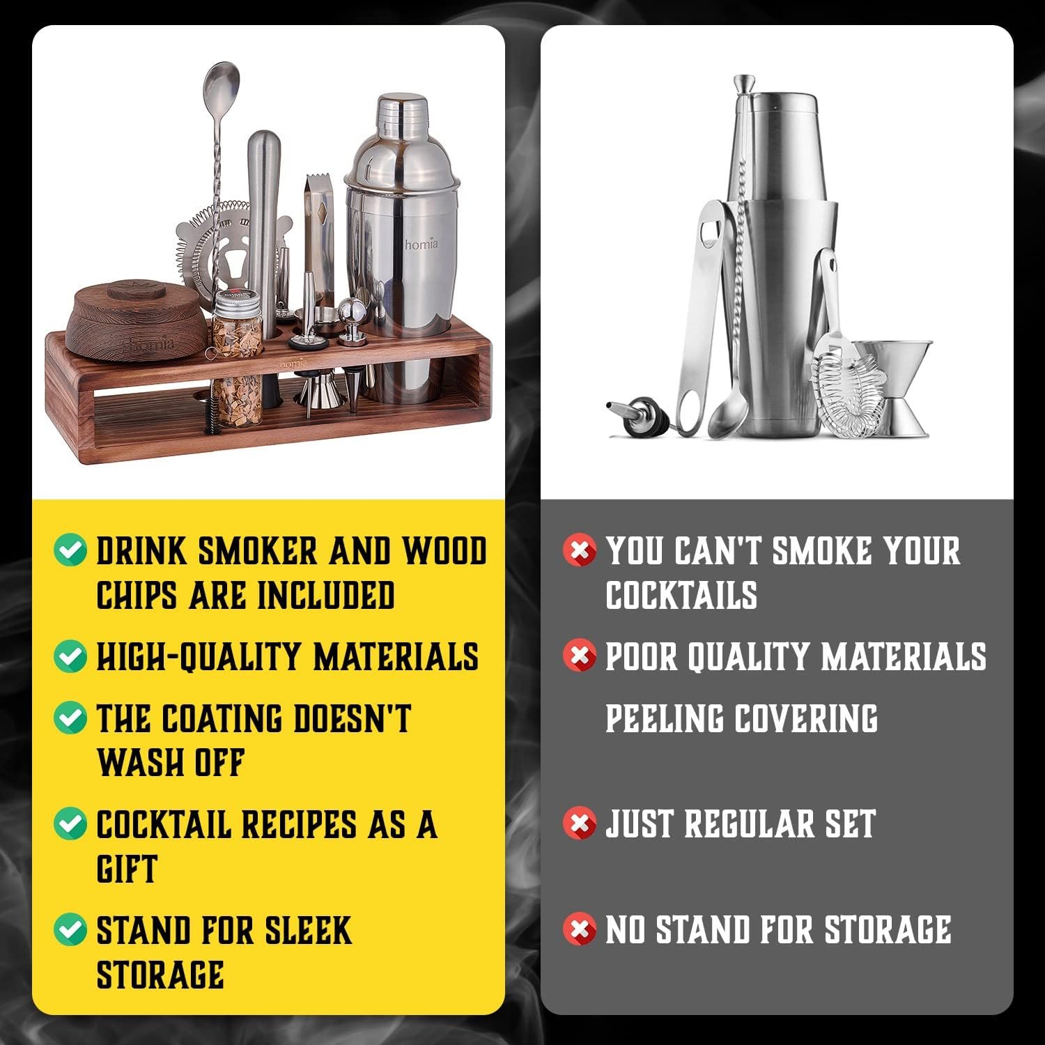 Bartender Kit with Whiskey Smoker - 13 pcs, Pine Stand - Bar Set with Cocktail Shaker, Bartending Kit with Essential Bar Accessory Tools, Wood Chips, Steel - Image 7