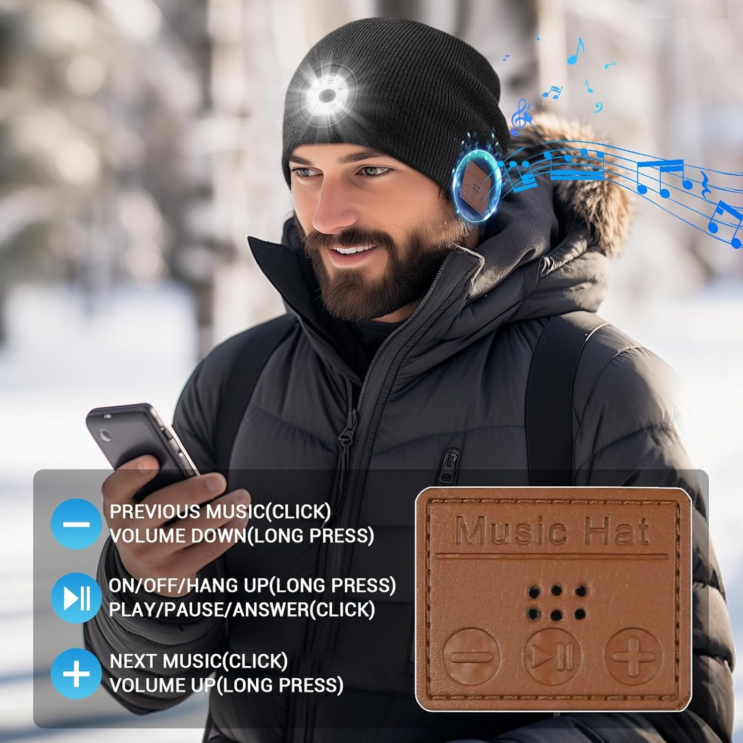 Bluetooth Beanie with Light,USB Rechargeable LED Headlamp Hat Beanie,Musical Knit Hat with Headphones and Built-in Speaker Mic,Gifts for Men Women Teen Black - Image 3