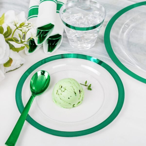I00000 350 Pcs Green Plastic Plates-Christmas Dinnerware Set for Party,Include 50 Dinner Plates 10.25’’,50 Dessert Plates 7.5’’,50 Plastic Cups 9 OZ,50 Per Rolled Napkins with Cutlery for Xmas Dinner - Image 5