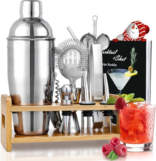 Cocktail Shaker Set Bartender Kit, Godmorn 15Pcs Bartender Shaker Set, 304 Stainless Steel Martini Shaker and Strainer, 550ml /19OZ Bar Tool Set with Bamboo Stand, Recipe Book, for Home and Bar - Image 2