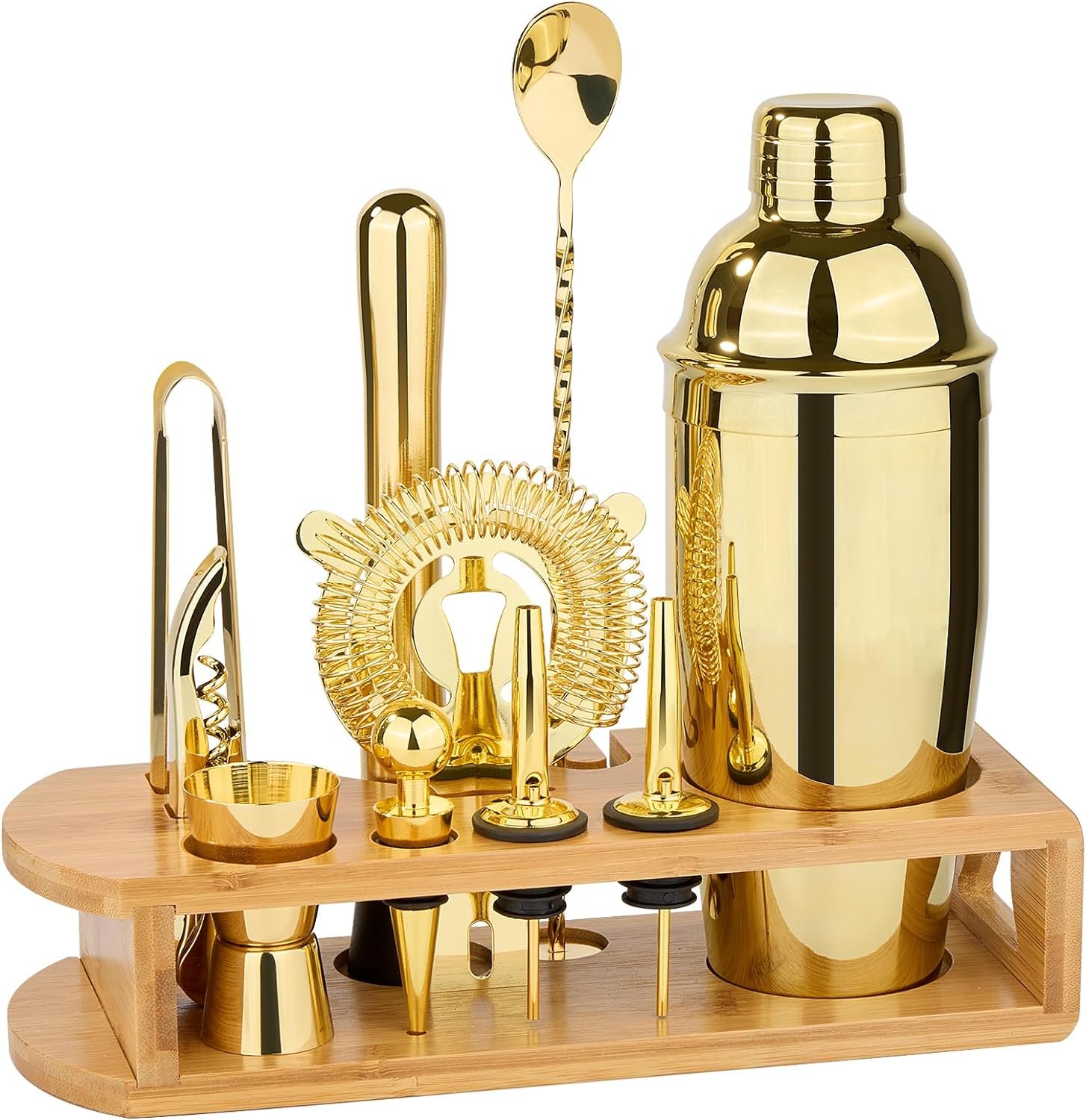 Cocktail Shaker Set Bartender Kit : 12-Piece Bar Tool Set with Bamboo Stand | Bar Set with All Practical Bar Accessories, for Drink Mixing, Bar, Home, Lounge & Party (Gold) - Image 2