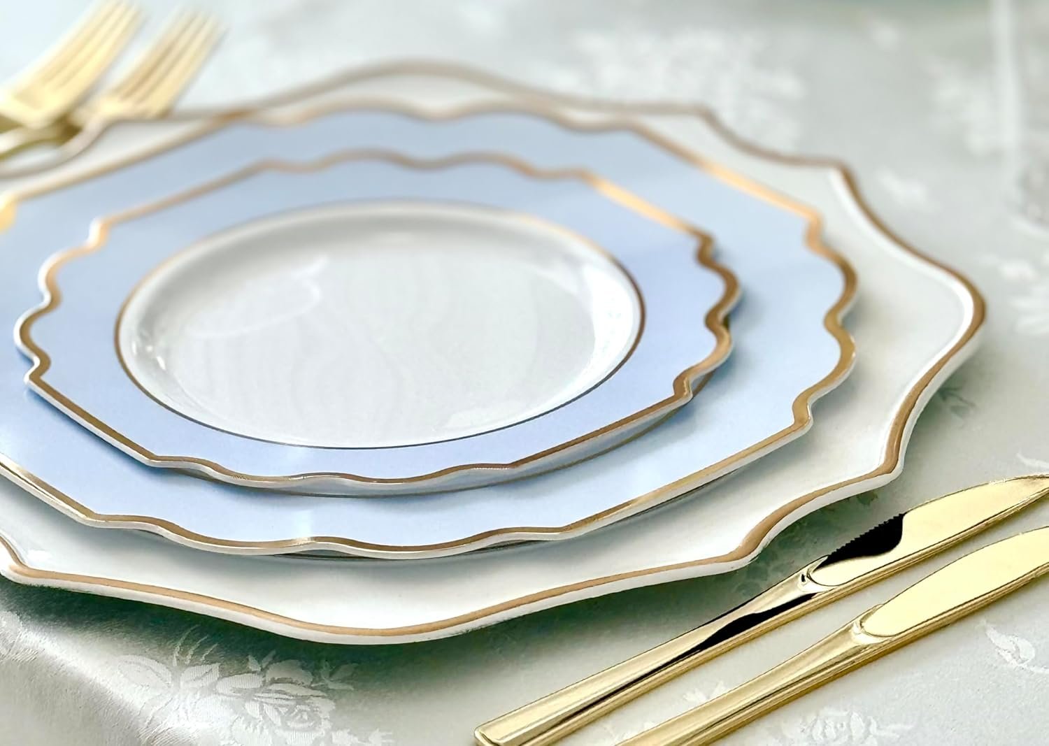 " OCCASIONS " 50 Plates Pack (25 Guests)-Heavyweight Wedding Party Disposable Plastic Plate Set -(25x10.5'' Dinner + 25x8'' Salad/dessert (Imperial in White/Blue & Gold) - Image 5