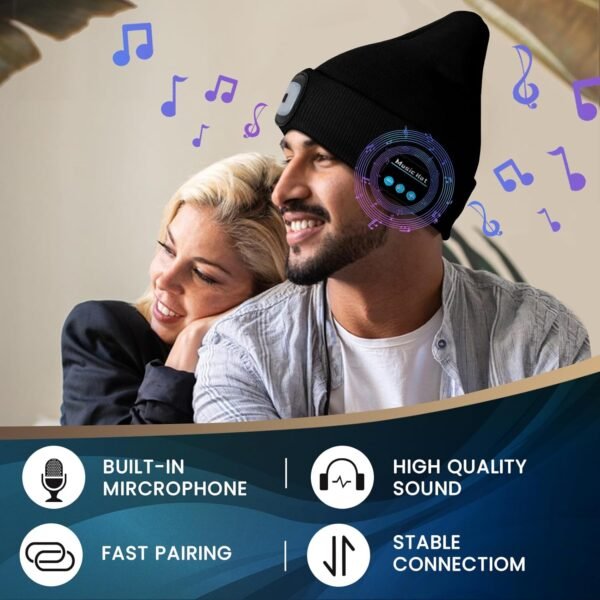 VIBELITE Bluetooth Beanie Hat with Light, USB Rechargeable LED Headlamp with Wireless Headphones, Gifts for Christmas, Stocking Stuffers for Adult Men Him Husband Boyfriend Dad Father, Black - Image 3