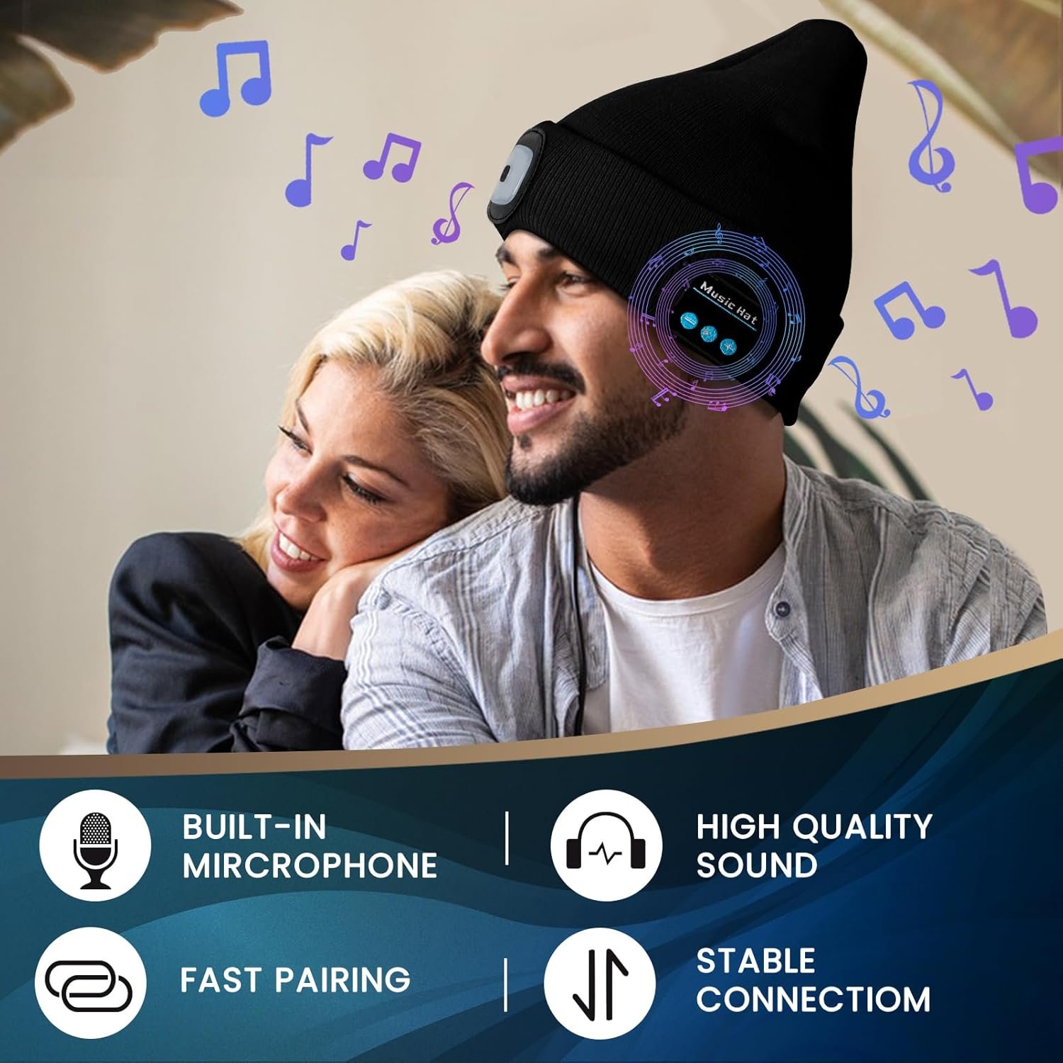 VIBELITE Bluetooth Beanie Hat with Light, USB Rechargeable LED Headlamp with Wireless Headphones, Gifts for Christmas, Stocking Stuffers for Adult Men Him Husband Boyfriend Dad Father, Black - Image 3