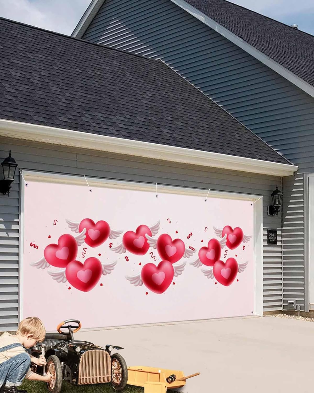 Valentines Day Garage Door Cover Decorations 7x16 Ft, Red Pink Love Heart Decorative Garage Door Banner, Large Outdoor Garage Hanging Backdrop Mural for Party/Holiday - Image 5