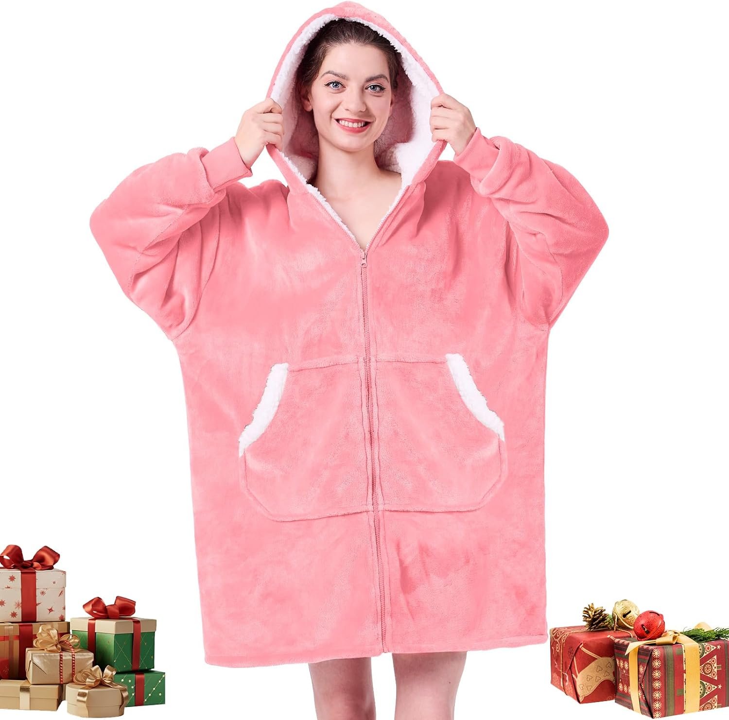 JOYWOO Pink Wearable Blanket Hoodie, Oversized Birthday Gifts for Girlfriend, Hooded Blanket Christmas Gifts for Girls Women, Cozy Fuzzy Sherpa Sweatshirt Blanket with Giant Pocket and Zipper, Pink - Image 2