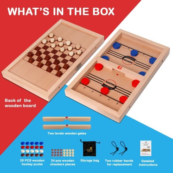 Fast Sling Puck Game Toy,2-in-1 Board Game: Includes Checkers & Chess. Solid Wood Winner Slingshot. Foosball and Air Hockey or Birthday Party Present for Kids & Adults - Image 5