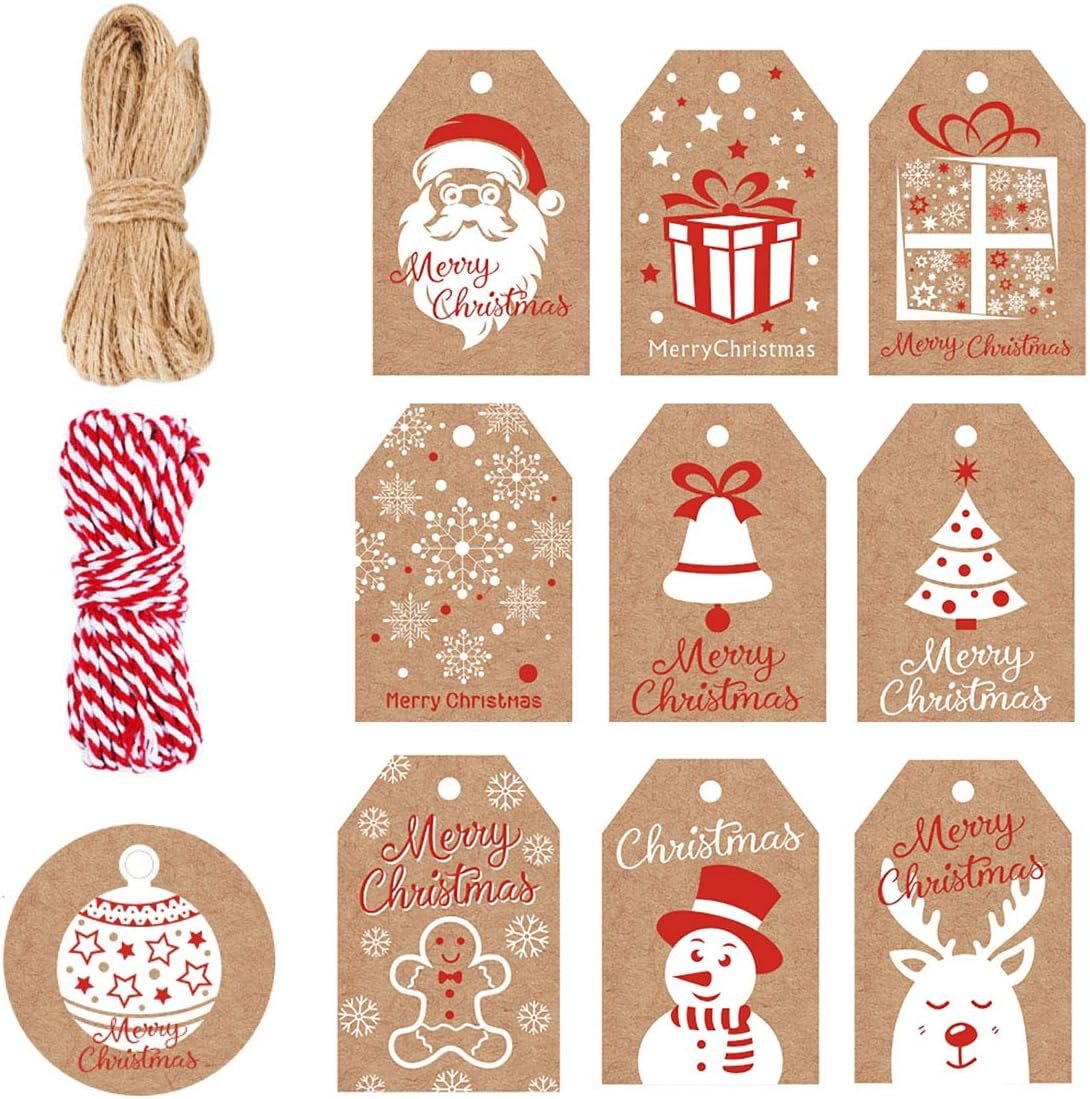 100 Pack Brown Kraft Paper Christmas Gift Tags, Xmas Brown Kraft Gift Tags with Jute Twine Baker Twine for DIY Xmas Holiday Present Wrap Stamp and Label Package Name Card - Image 2