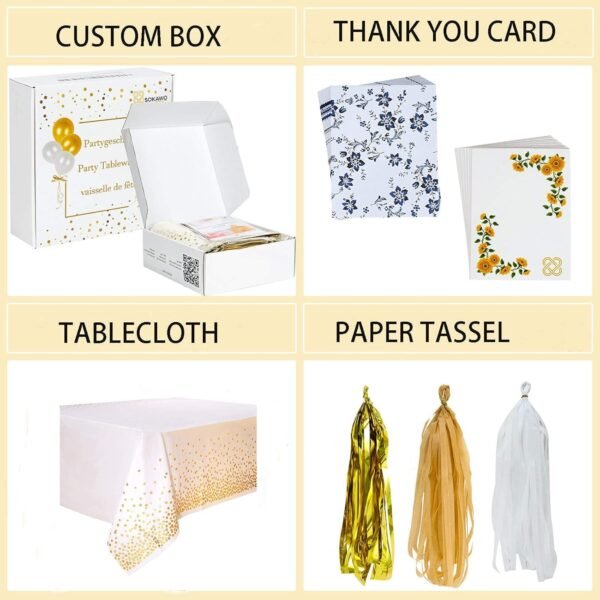 204 PCS White and Gold Party Supplies Disposable Tableware Set - Plastic Plates, Napkins, Cups, Tassels, Forks, Knives, Tablecloth, Dinnerware for 20 Guests - Image 4