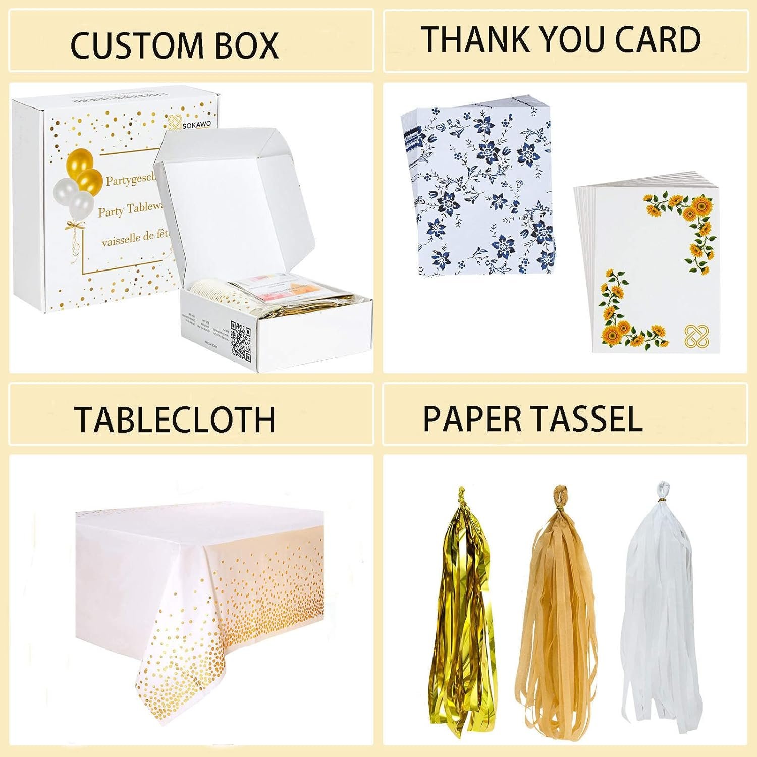 204 PCS White and Gold Party Supplies Disposable Tableware Set - Plastic Plates, Napkins, Cups, Tassels, Forks, Knives, Tablecloth, Dinnerware for 20 Guests - Image 4