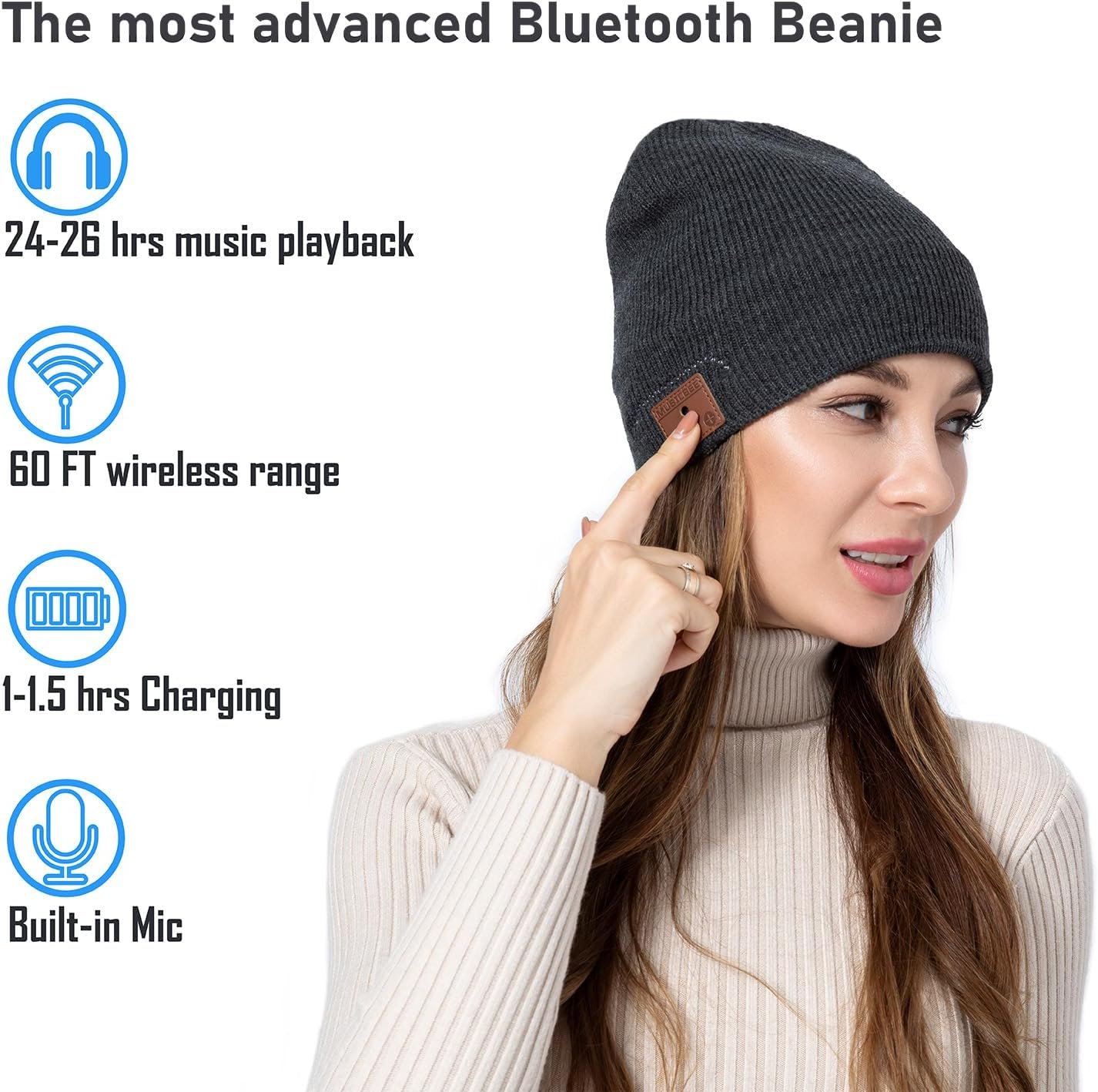 Bluetooth Beanie, Bluetooth V5.2 Wireless Knitted Winter hat, 24 Hour Play time - Image 4
