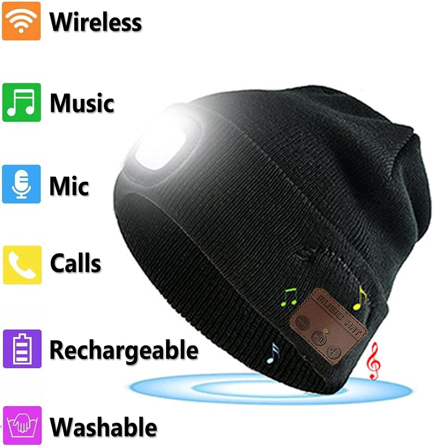 Wireless Beanie Music Hat with Light Unisex Musical Knitted Cap Rechargeable Beanie with Light Built-in Speakers Mic Headphone Beanie Hat Gifts for Men Women Running Camping Fishing - Image 6