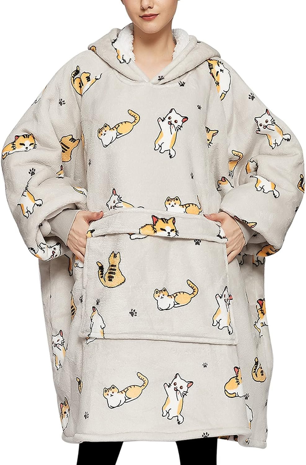 KFUBUO Wearable Blanket Hoodie for Adults Sherpa All Patterns Cat Oversized Sweatshirt Blanket with Pockets for Women - Image 2